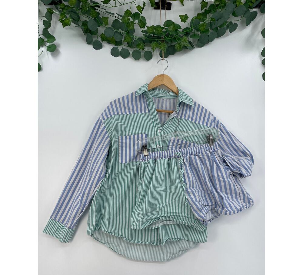 Matching Set Green Blue White Cotton Womans Long Sleeve Button Shirt Shorts Med